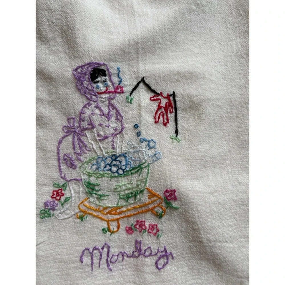 Vintage Hand Embroidered Monday Wash Day‎ Towel Sunbonnet Lady Cotton Linen